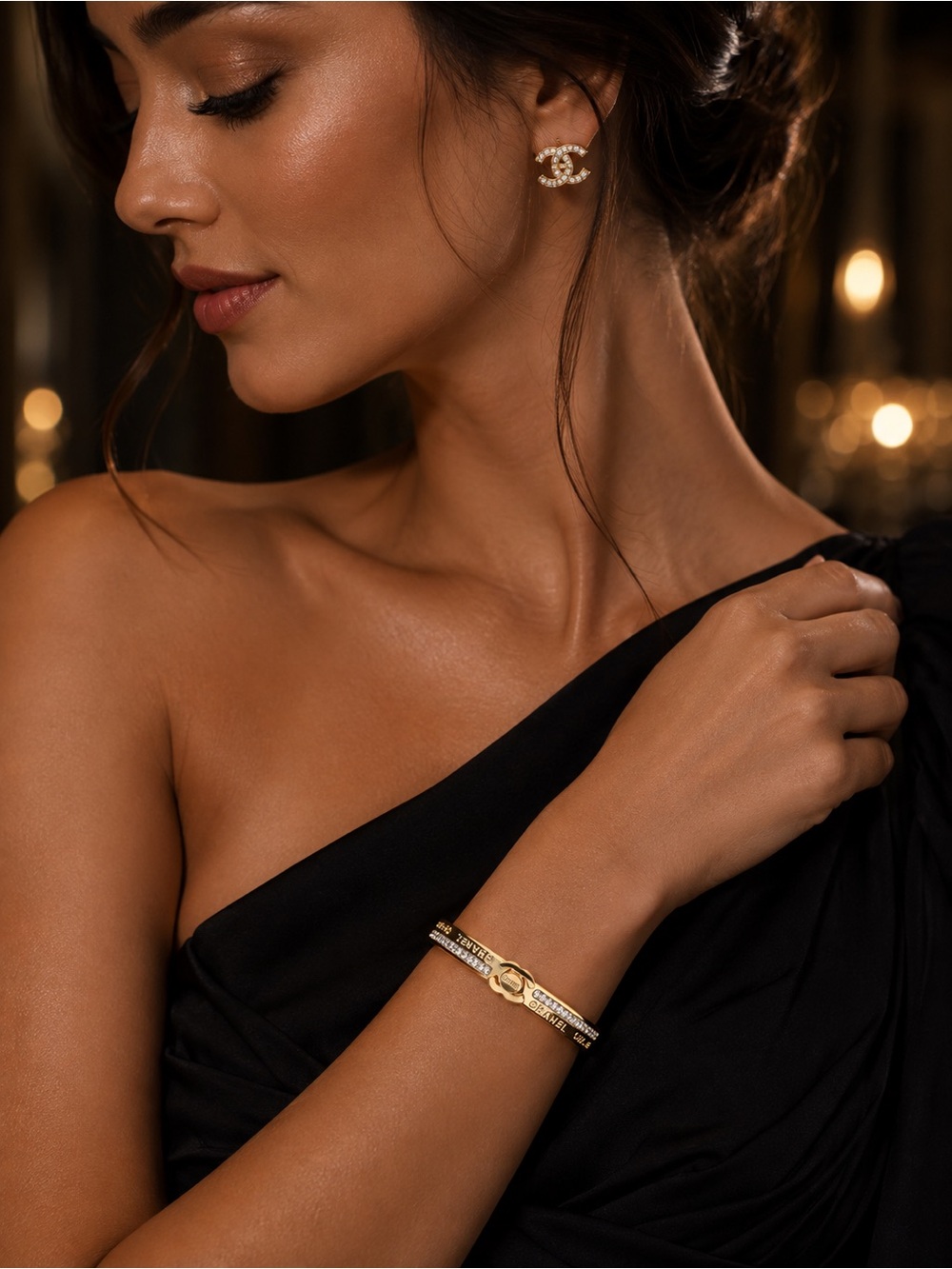 Gold Crystal CC Logo Hinged Bangle Bracelet - Picture 2 of 9